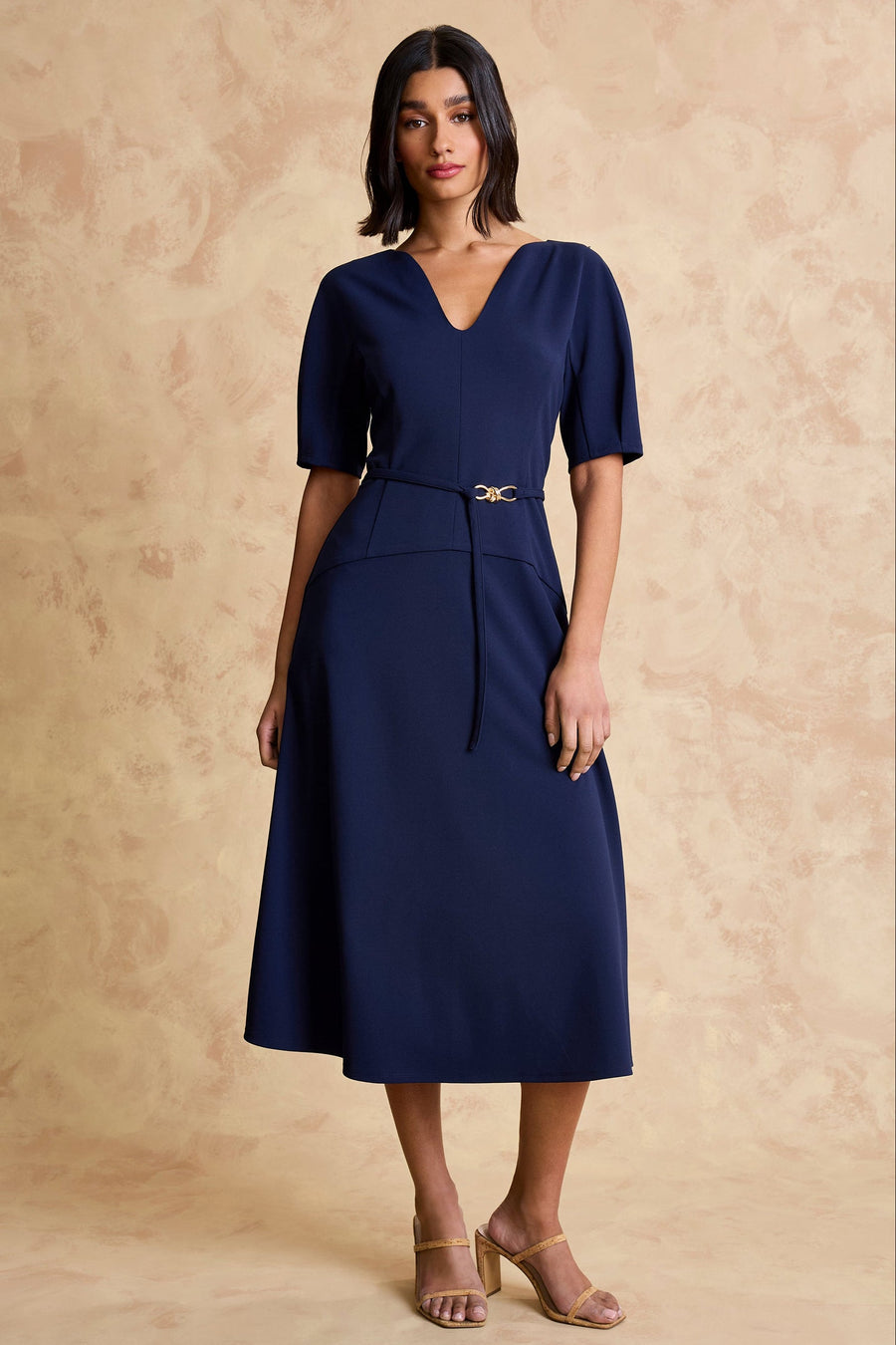 Nathalia Belted V-Neck Midi Dress