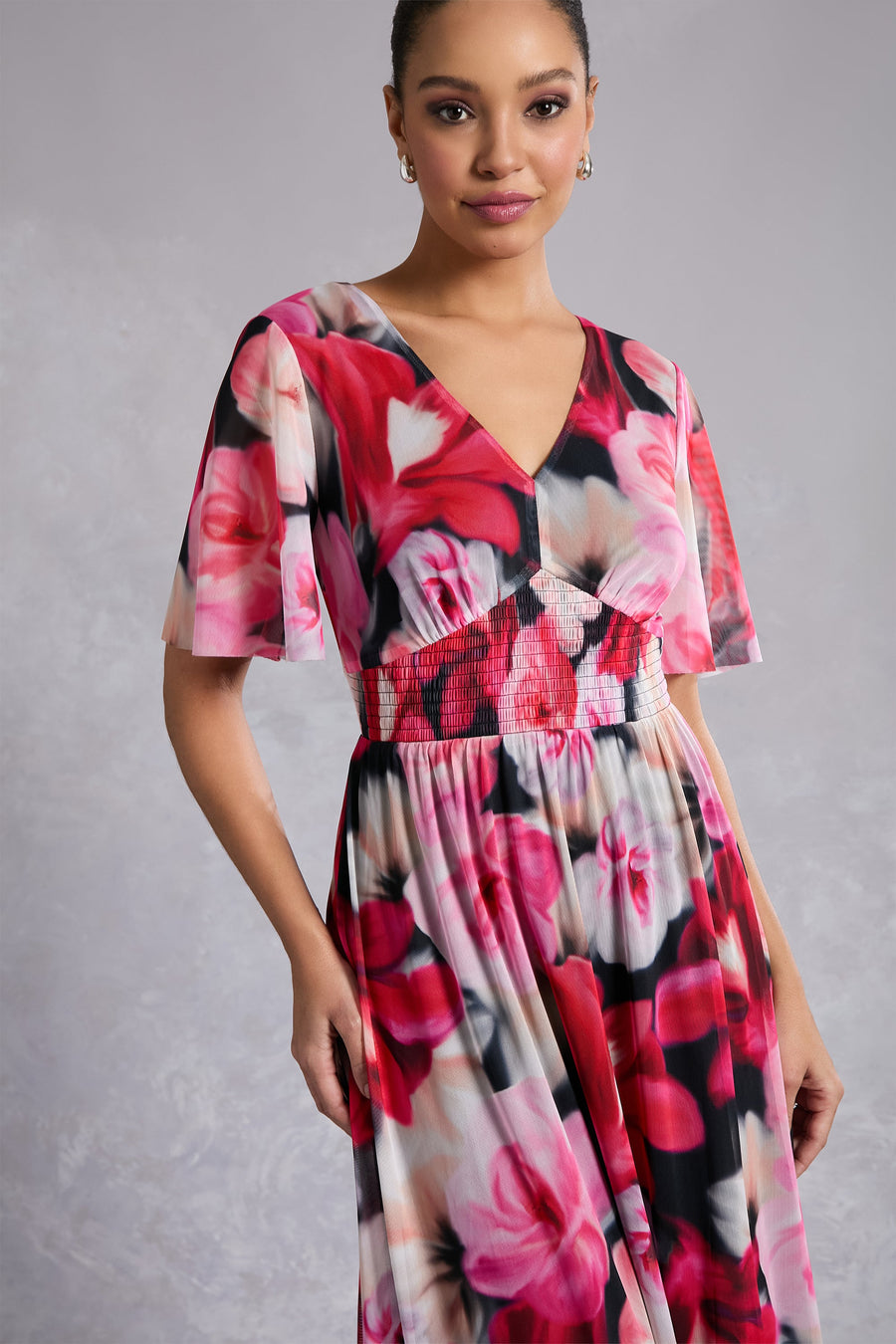 Leila Smocked Waist Mesh Maxi in Rose Toss