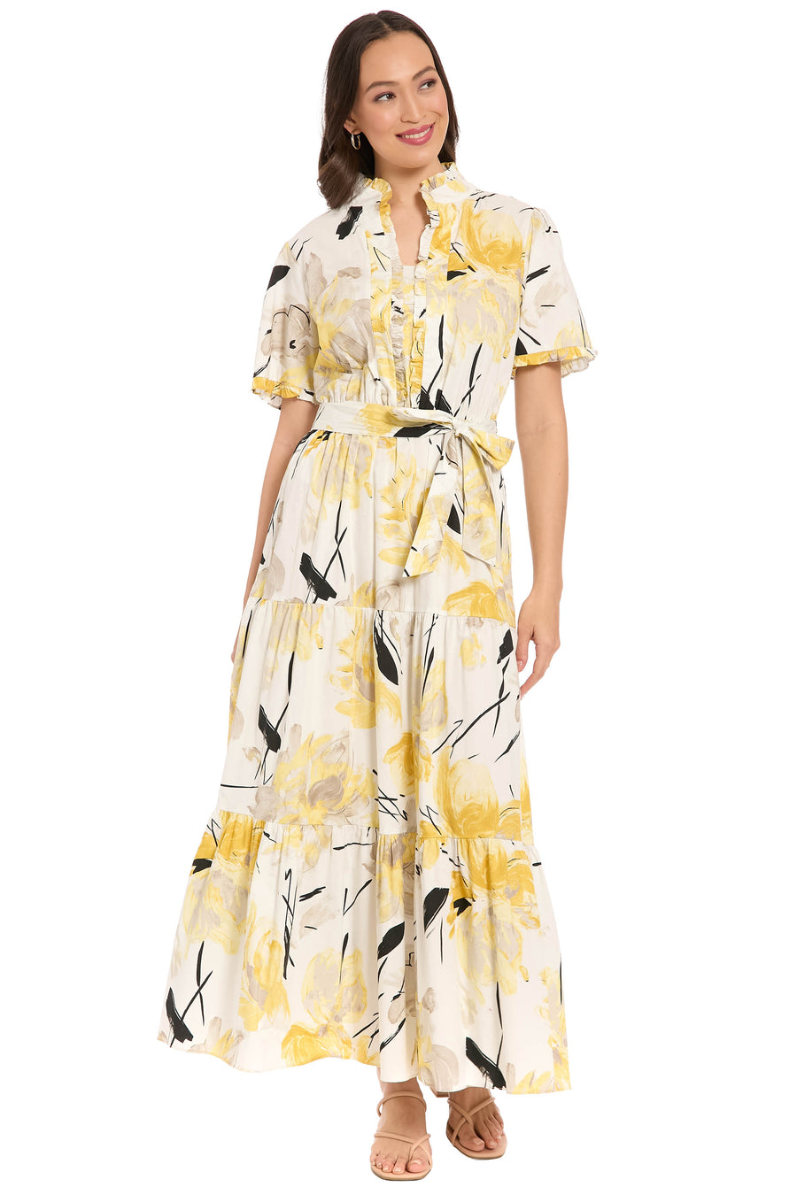 Amilia Flutter Sleeve Belted Tiered Maxi Dress