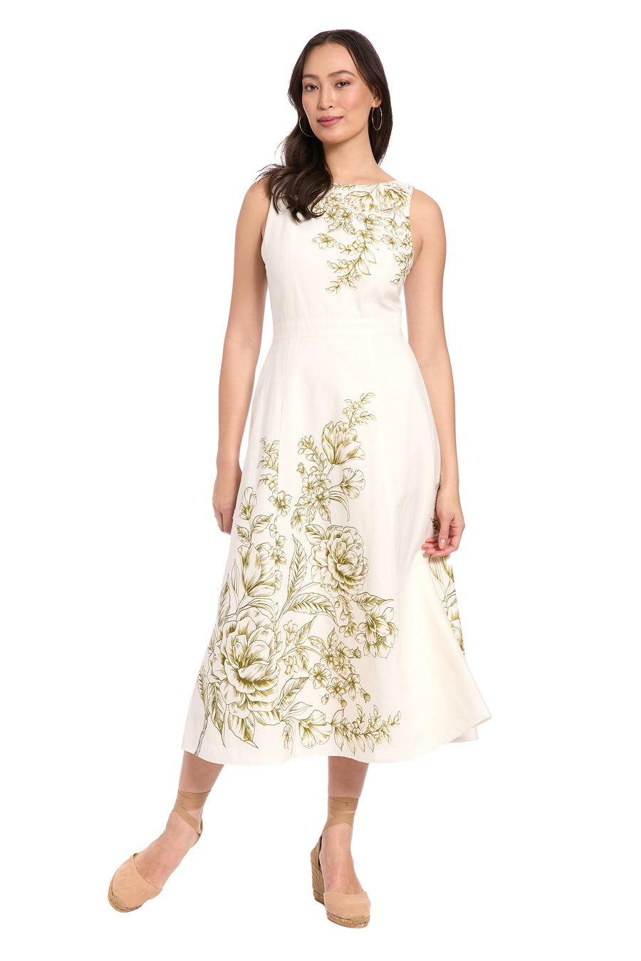 Debbie Sleeveless Graphic Print Linen Midi Dress A-Line