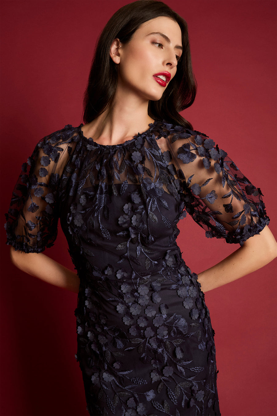 Marigold Textured 3D Embroidered Puff Sleeve Maxi