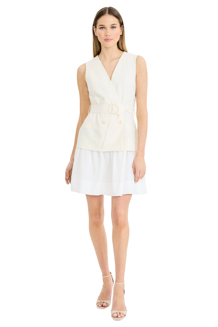 Deana Belted Linen Mini Dress with Cotton Skirt