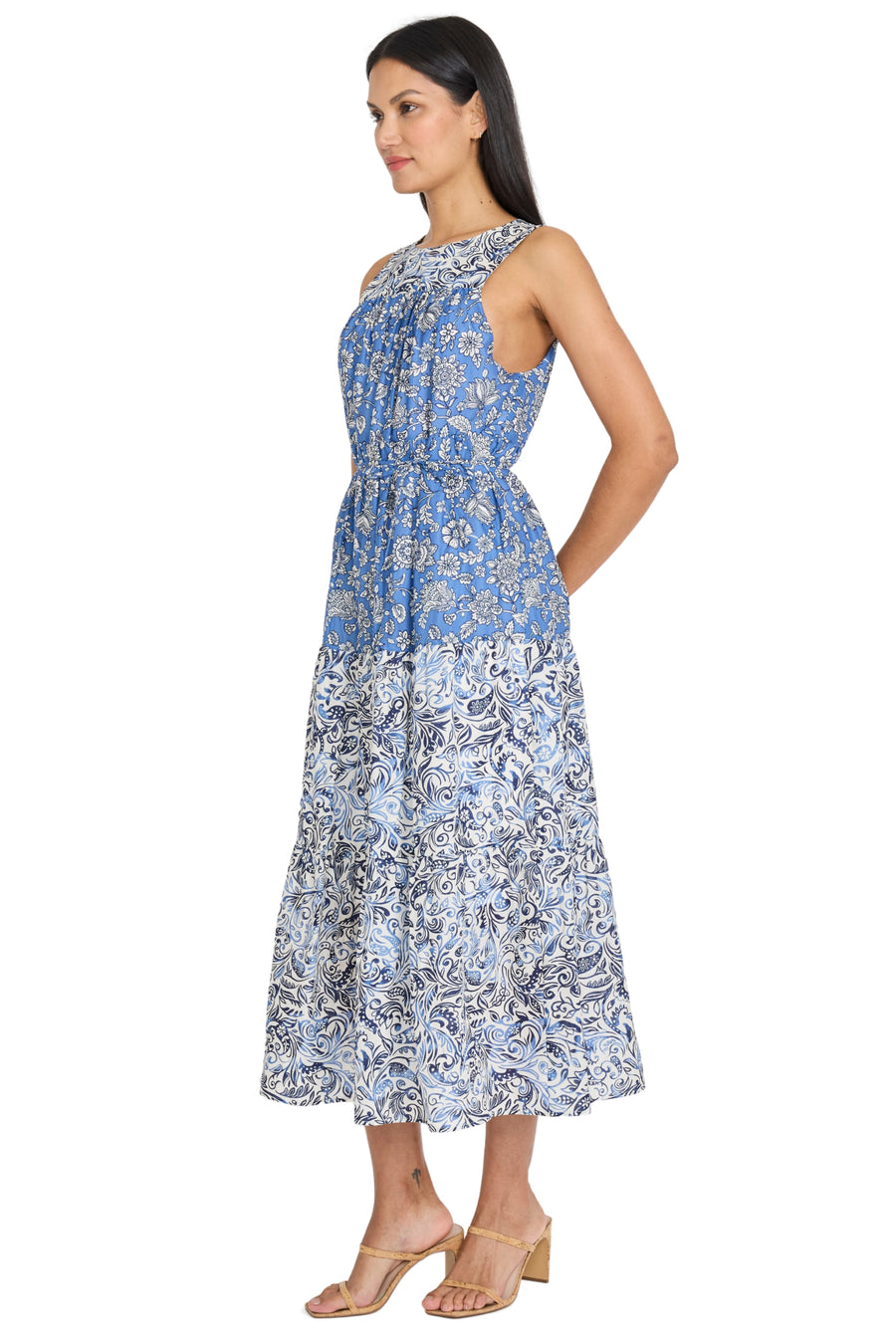 Cole High-Neck Sleeveless Tiered Midi