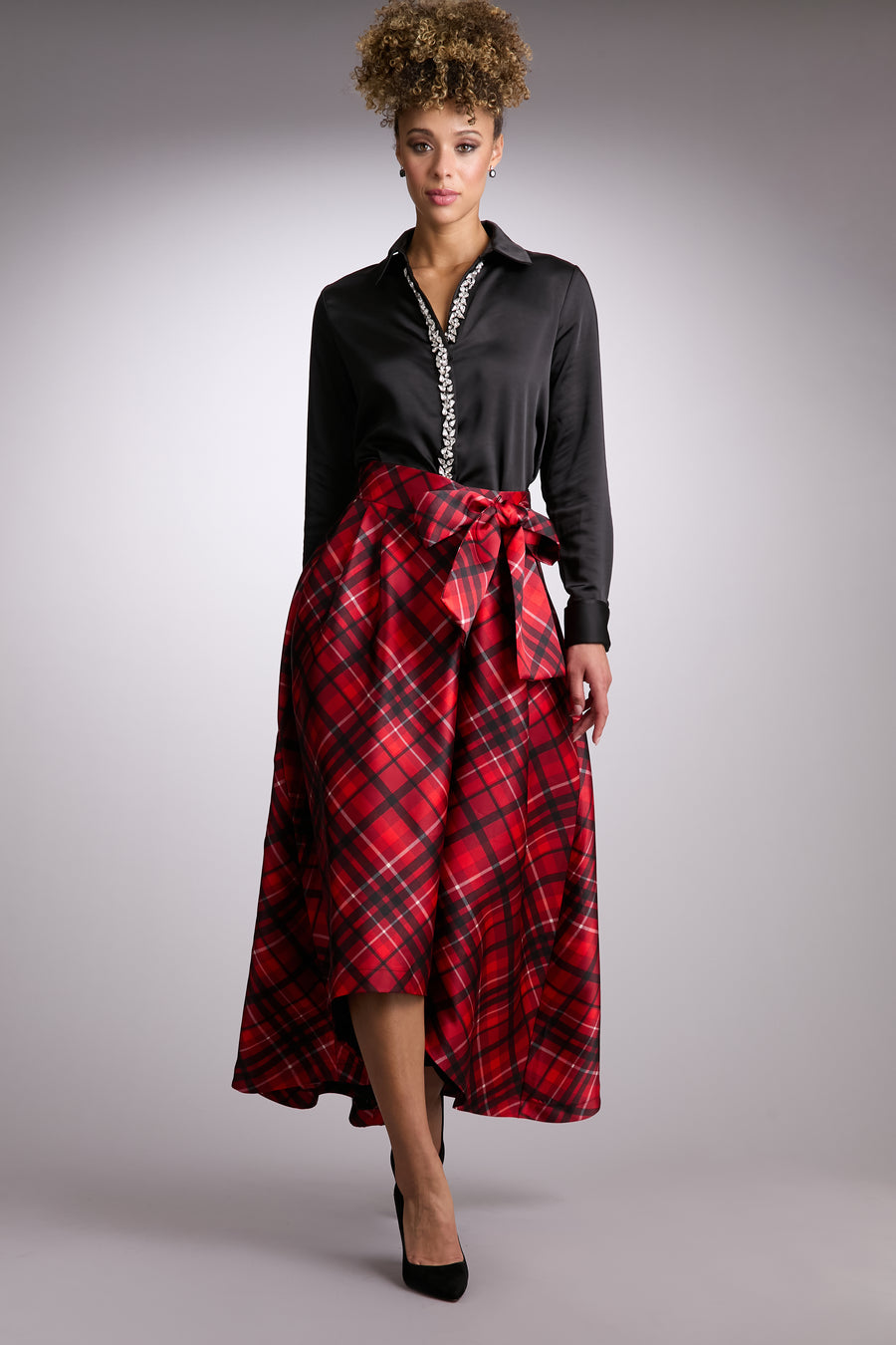 Roosevelt Voluminous Plaid Tie-Front Skirt