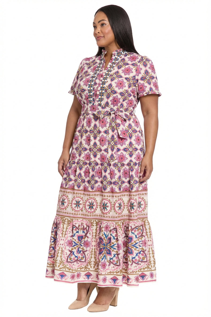 Mackenzie Elbow Sleeve TIered Maxi in Tiles Medallion