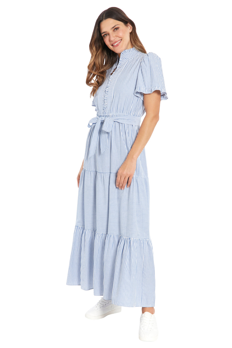 Mackenzie Cotton Ruffle Sleeve Maxi in Twill Stripe