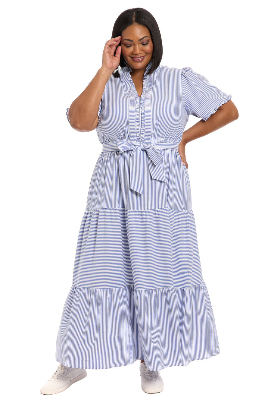 Mackenzie Cotton Ruffle Sleeve Maxi in Twill Stripe