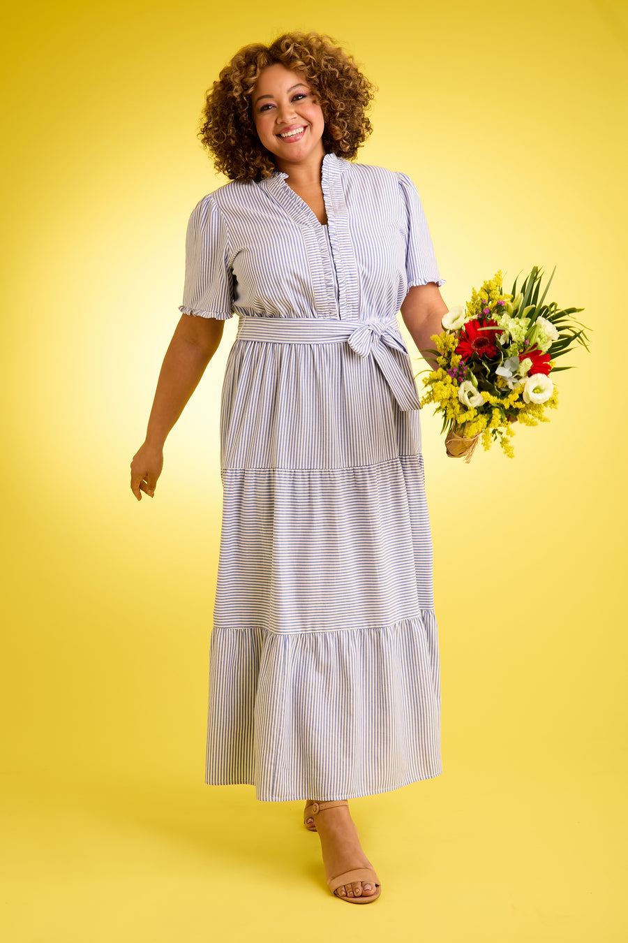 Mackenzie Cotton Ruffle Sleeve Maxi in Twill Stripe