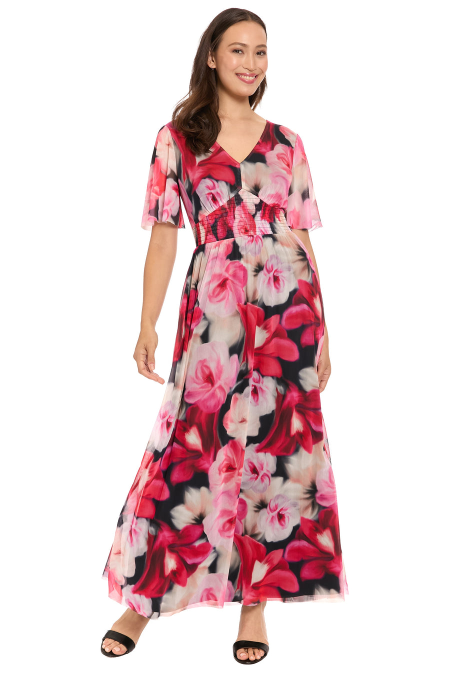 Leila Smocked Waist Mesh Maxi in Rose Toss