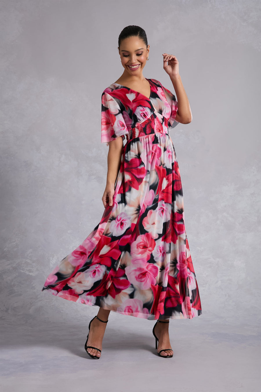 Leila Smocked Waist Mesh Maxi in Rose Toss