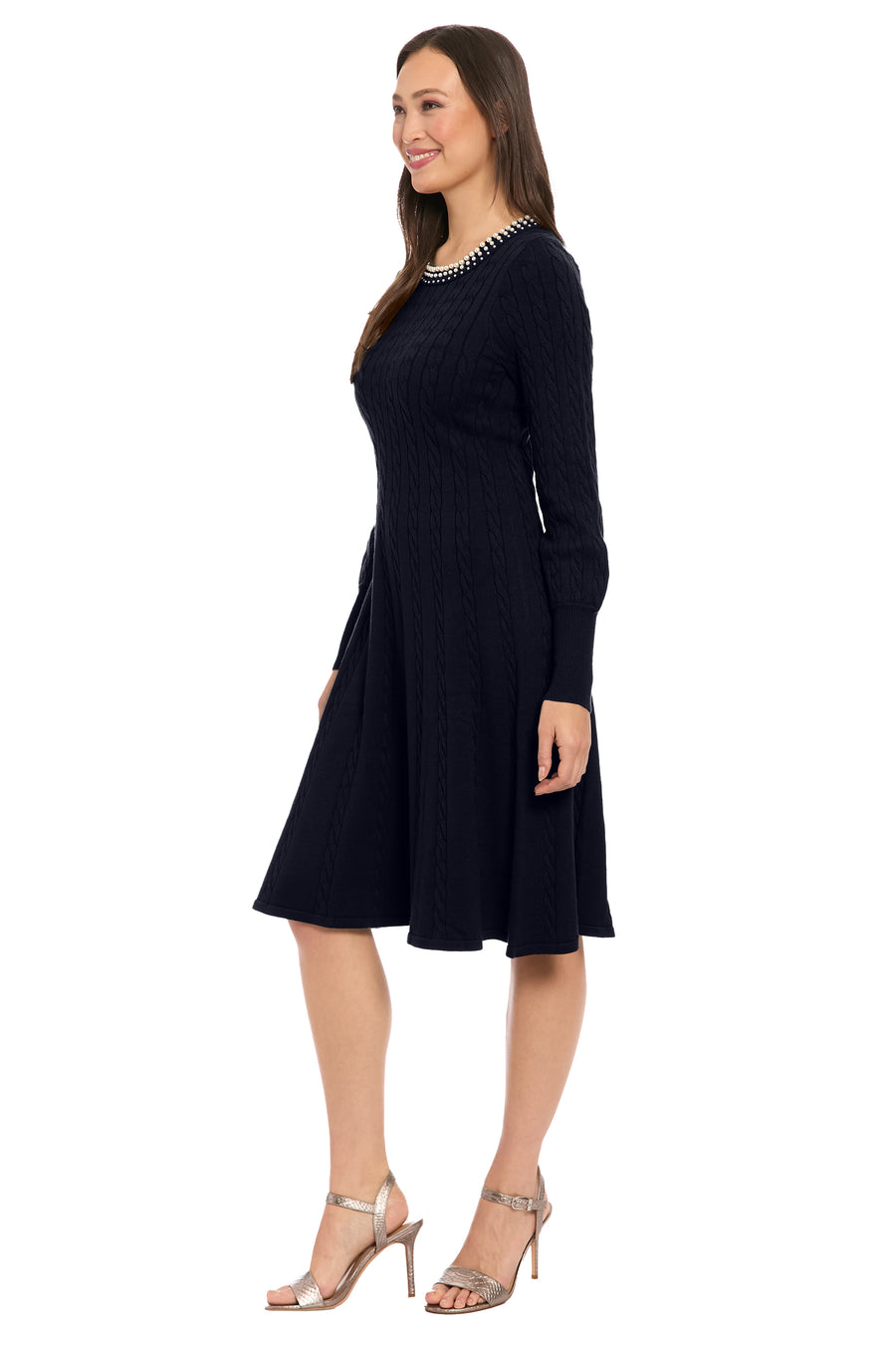 Karleen Embellished Neck Cable Knit Sweater Dress