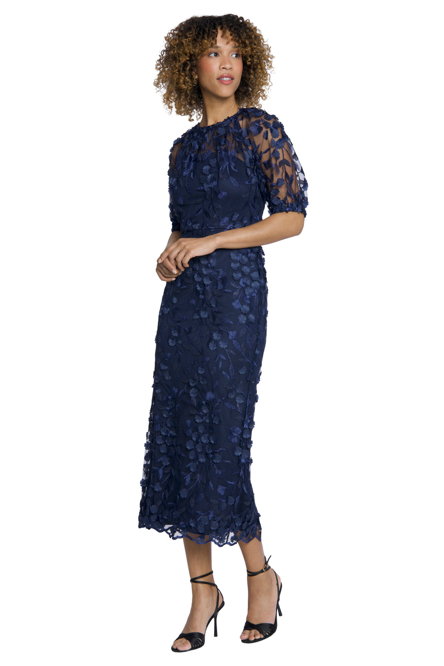 Marigold Textured 3D Embroidered Puff Sleeve Maxi